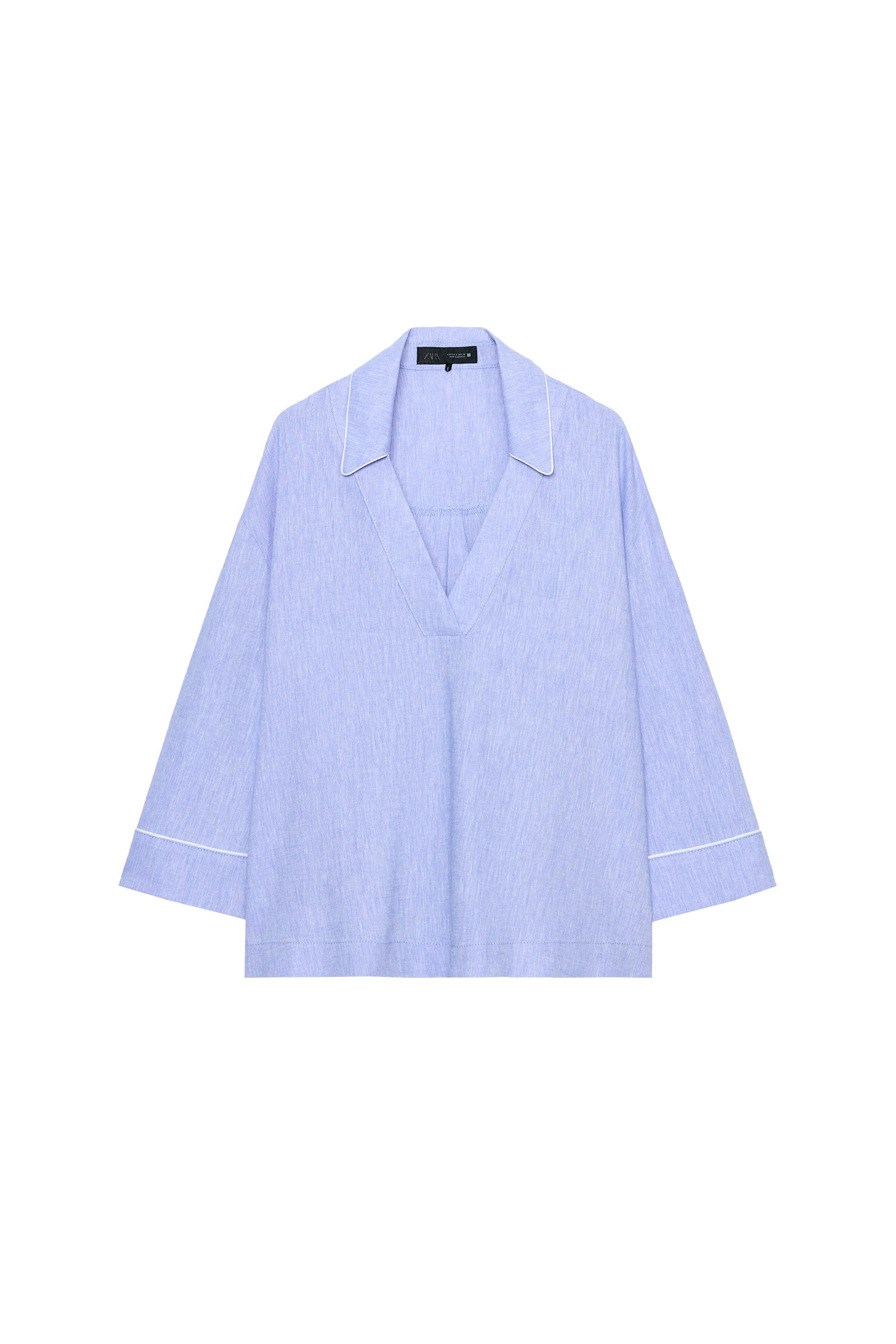 LINEN BLOUSE WITH CONTRAST PIPING